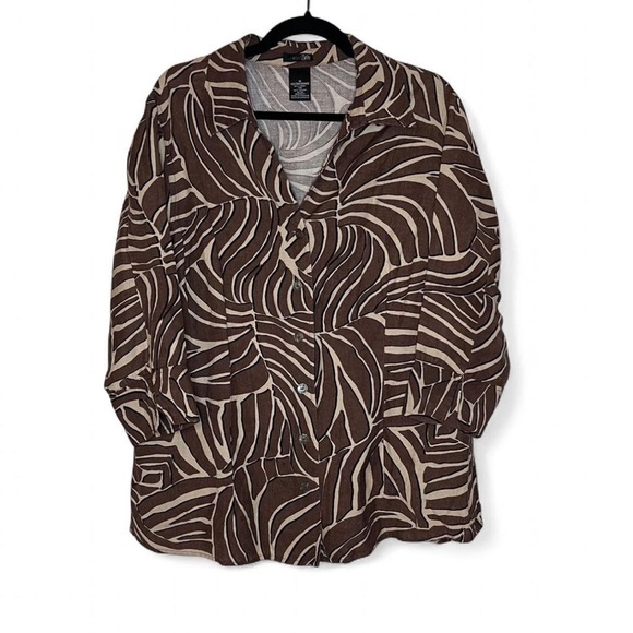 East 5th Brown Cream Zebra Print Linen Blend Button Down Shirt 1X - Picture 1 of 6